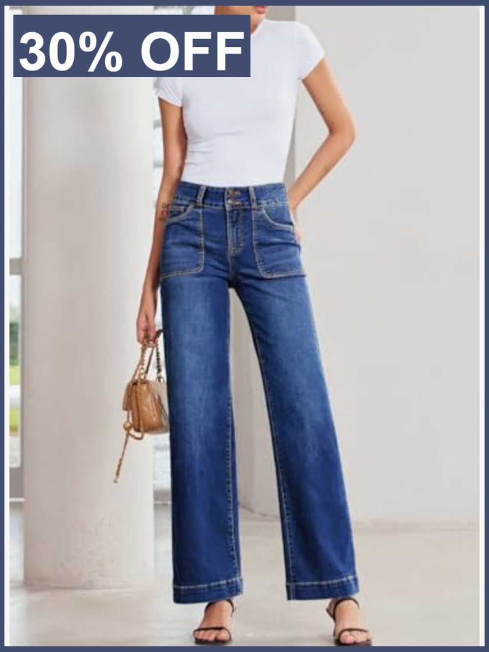 High Waisted Wide Leg Jeans Stretchy Tummy Control Straight Leg Denim Pants - Picture 5 of 7